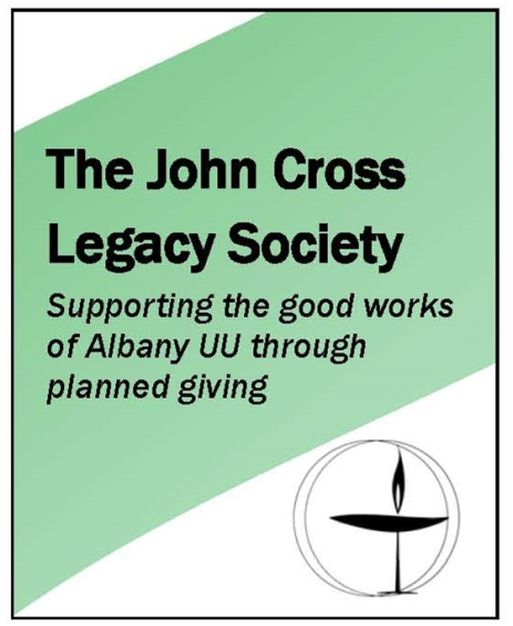 The John Cross Legacy Society black lettering across green slanted band on white background, with a black lighted chalice in the corner